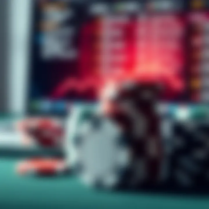 A detailed view of poker chips with a laptop in the background