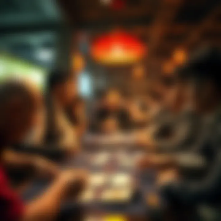 A group of players engaged in an intense card game, illustrating social dynamics.