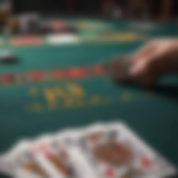 A close-up view of a blackjack table with cards and chips