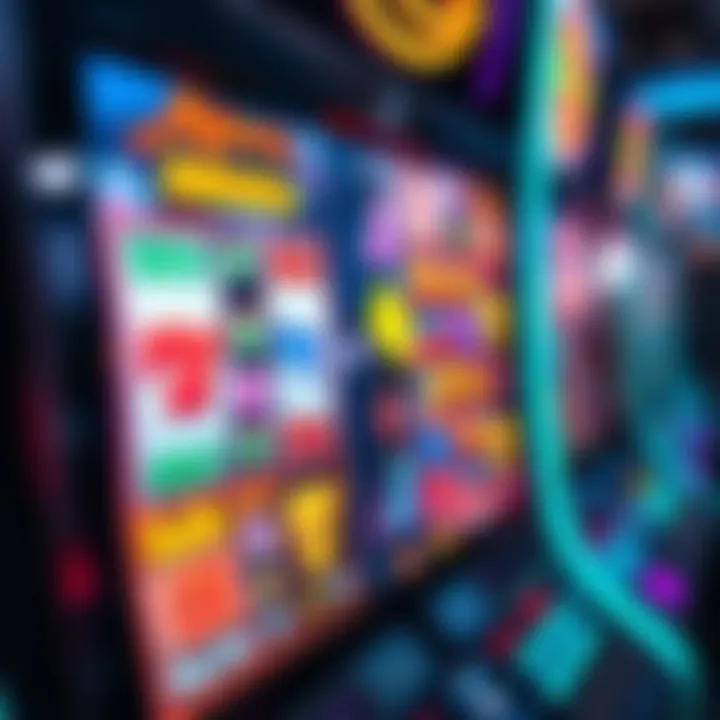 Close-up view of a modern slot machine screen showing vibrant graphics