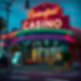 A vibrant view of the Bakersfield casino exterior showcasing neon lights