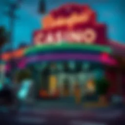 A vibrant view of the Bakersfield casino exterior showcasing neon lights