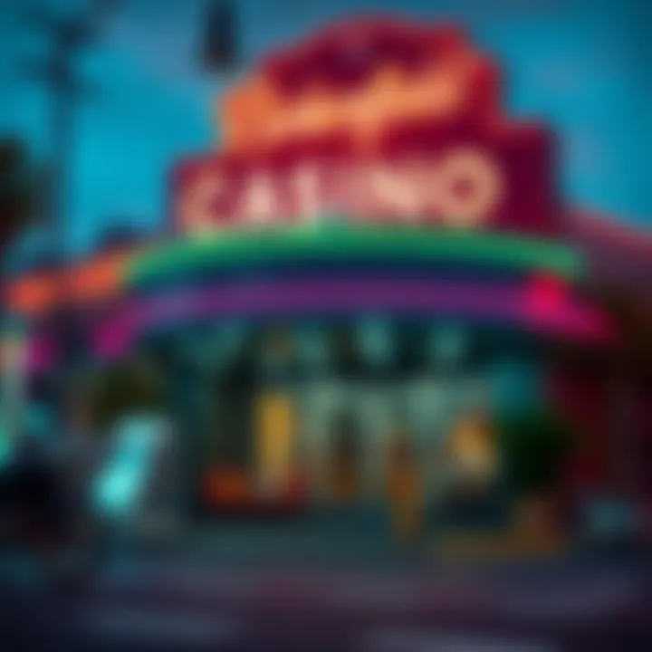 A vibrant view of the Bakersfield casino exterior showcasing neon lights