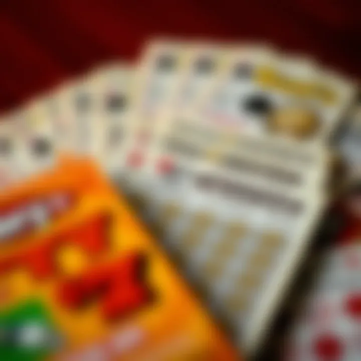 A close-up of winning lottery scratcher tickets showcasing prizes