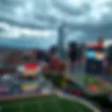 A panoramic view of the New Jersey skyline with sports venues