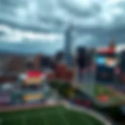 A panoramic view of the New Jersey skyline with sports venues