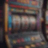 A close-up view of a colorful slot machine display showing various symbols.