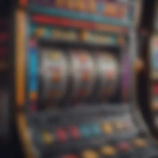 A close-up view of a colorful slot machine display showing various symbols.