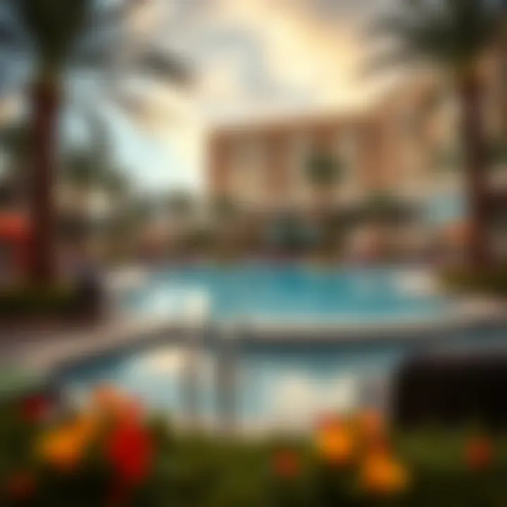 Relaxing pool area surrounded by palm trees and sun loungers