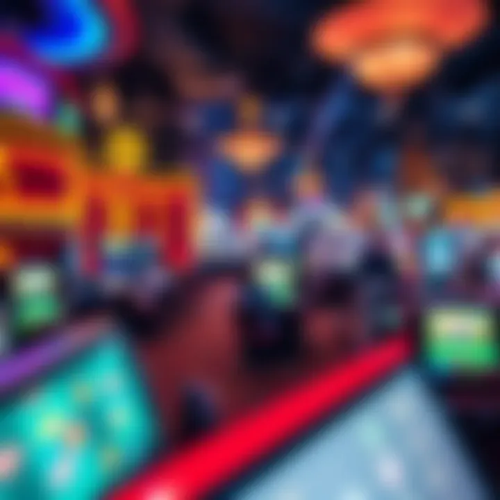 An overview of a bustling casino floor filled with vibrant gaming activities.