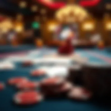 A detailed close-up of casino chips and cards on a gaming table.