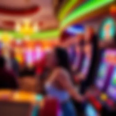 Casino floor bustling with enthusiastic slot machine players