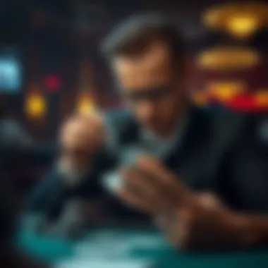 A contemplative player reviewing their cards, representing the psychological elements and mental strategies in poker.