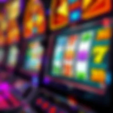 A close-up view of a colorful slot machine screen displaying various symbols