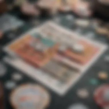 An assortment of scratch-off tickets laid out on a table with coins and a scratch tool.