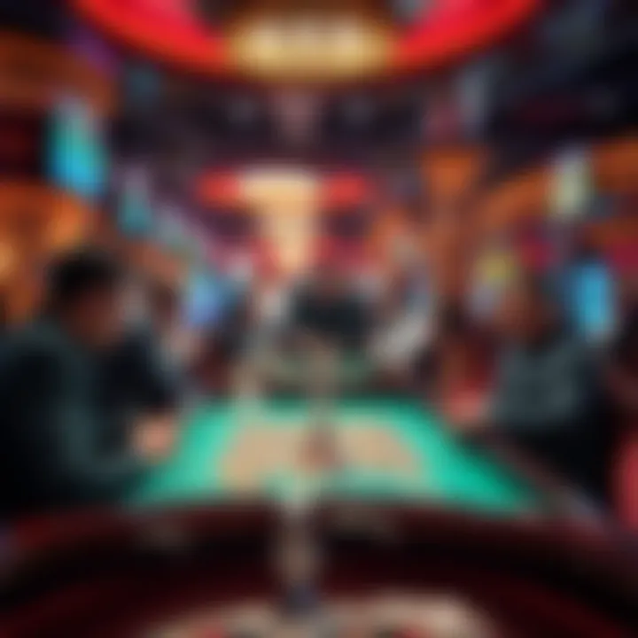 A lively casino environment filled with various games and players