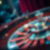 A close-up of a roulette wheel with vibrant colors and the ball in motion