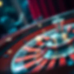 A close-up of a roulette wheel with vibrant colors and the ball in motion
