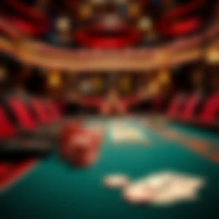 An artistic representation of a blackjack table with chips and cards