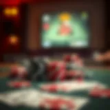 A close-up of poker chips and cards on a table