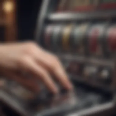 Close-up of a player's hand pressing a slot machine button