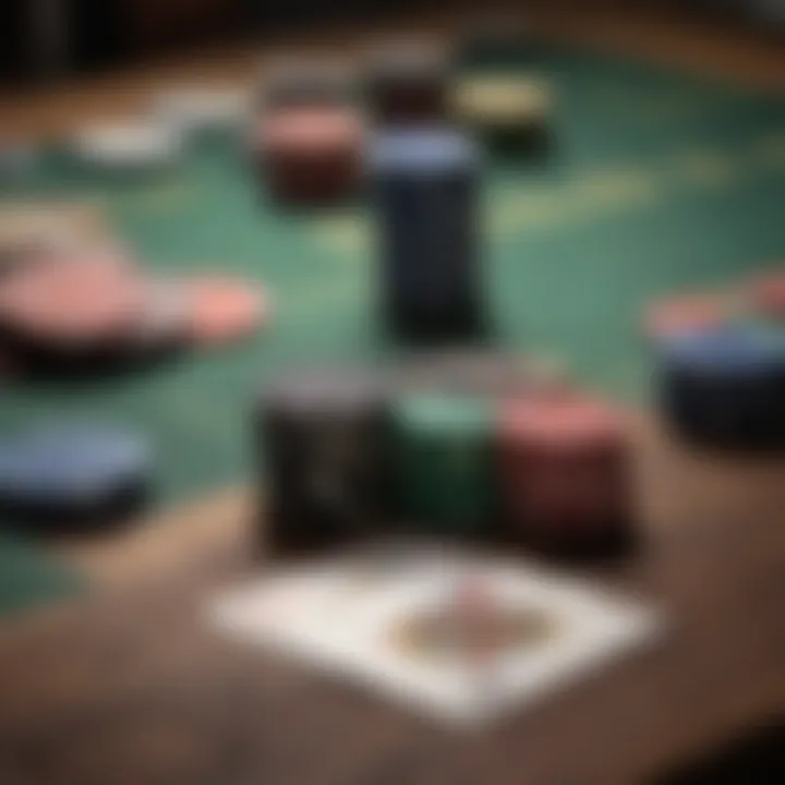 Close-up of poker chips and cards on a table